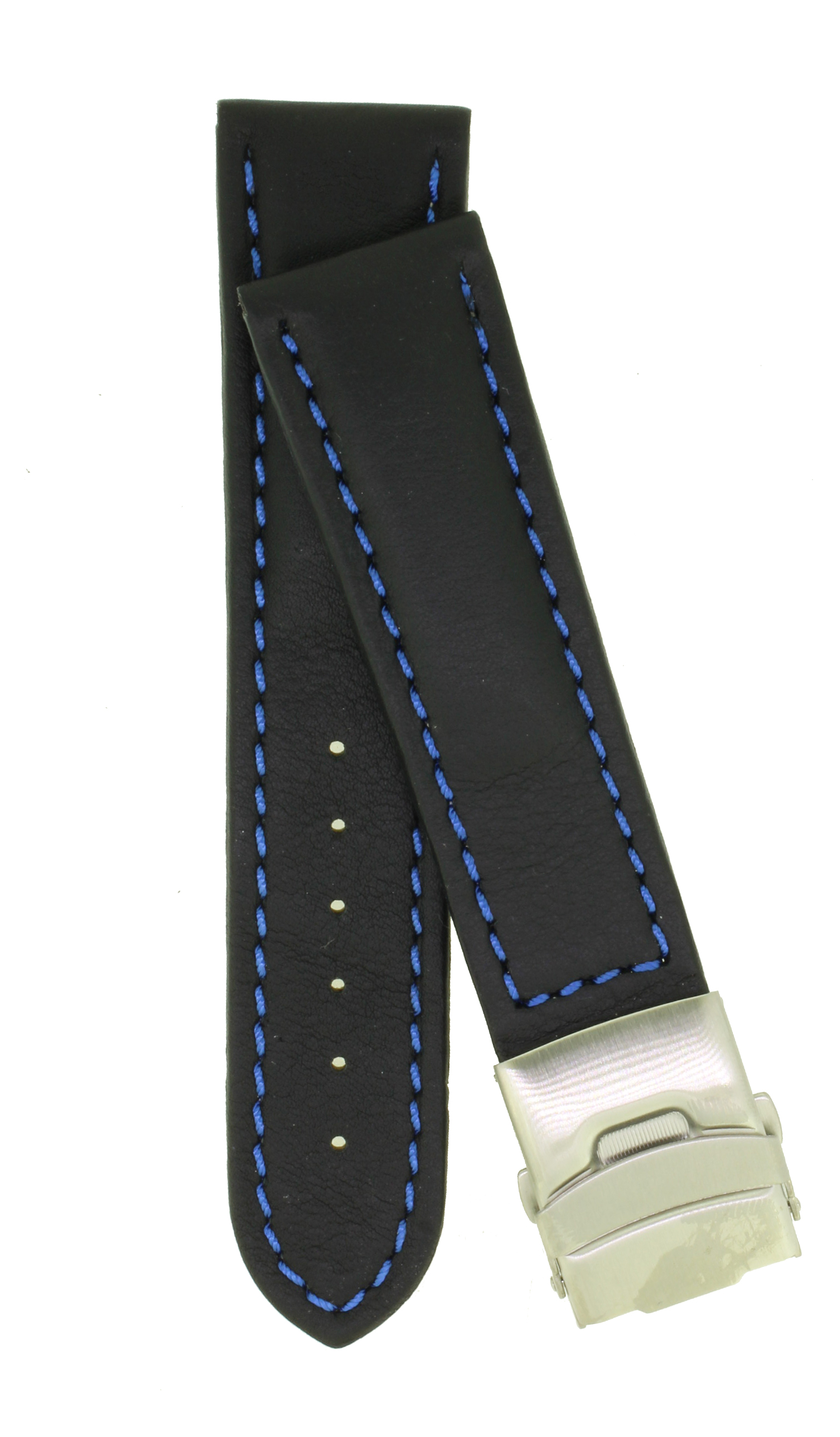  Uhrenarmband Schwarz mit Blauer Nath 18-20-22-24mm Ersatzband Faltschließe Kalbleder 0045